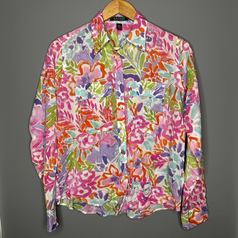Lauren Ralph Lauren Floral Watercolor Button Up Top Blouse Roll Tab Sleeve Small